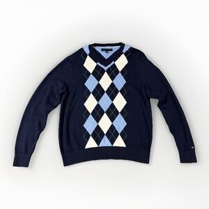 Tommy Hilfiger Sweater Mens Med Navy Argyle V Neck Pullover Casual Knit Preppy
